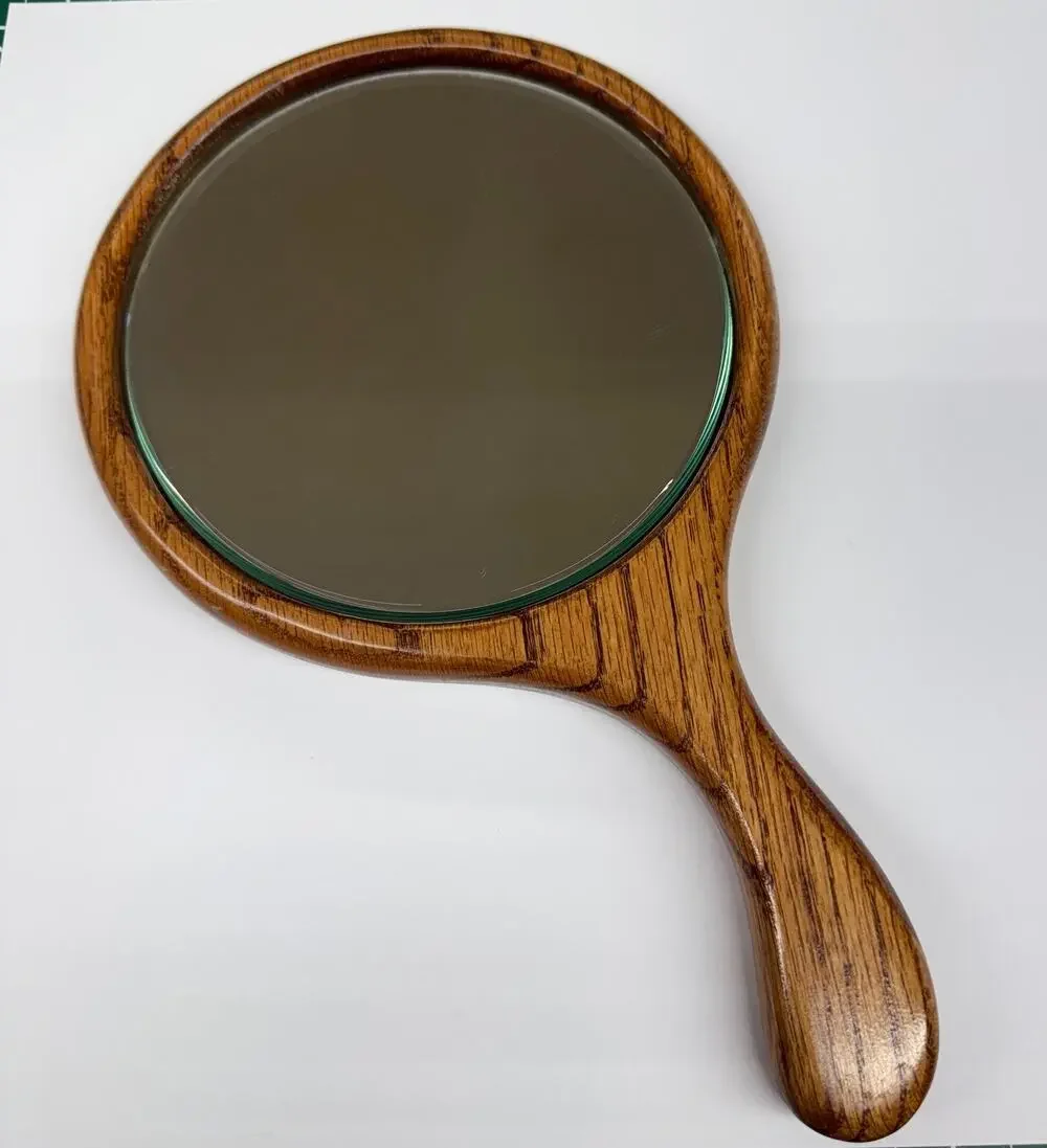 Vintage Solid Oak Wood Handheld Mirror Beveled Glass Round Hand Mirror Vanity 12